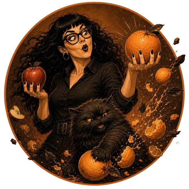 A three-page website whipped up in ten days for $1,000 and a Studio Von Terrible build are a bit like apples and oranges. Both perfectly legitimate. Both have their place. And yes, technically, they’re both websites. In much the same way that an apple and an orange are both fruit… Alicia comparing apples and oranges, Lucifer gleefully causing orange-related havoc, and the heavier orange immediately reinforcing that these are not equivalent things being compared.