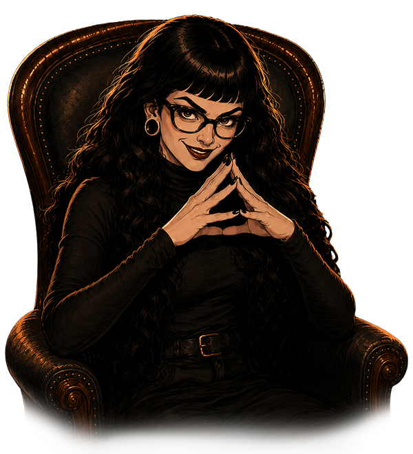 Studio Von Terrible founder Alicia Von Terrible illustrated as the Digital Villain for the “Confessions of a Digital Villain” section of The Lair, representing her approach to Shopify website design, SEO, branding and digital strategy for businesses across the Mornington Peninsula, Melbourne, Victoria and Australia.