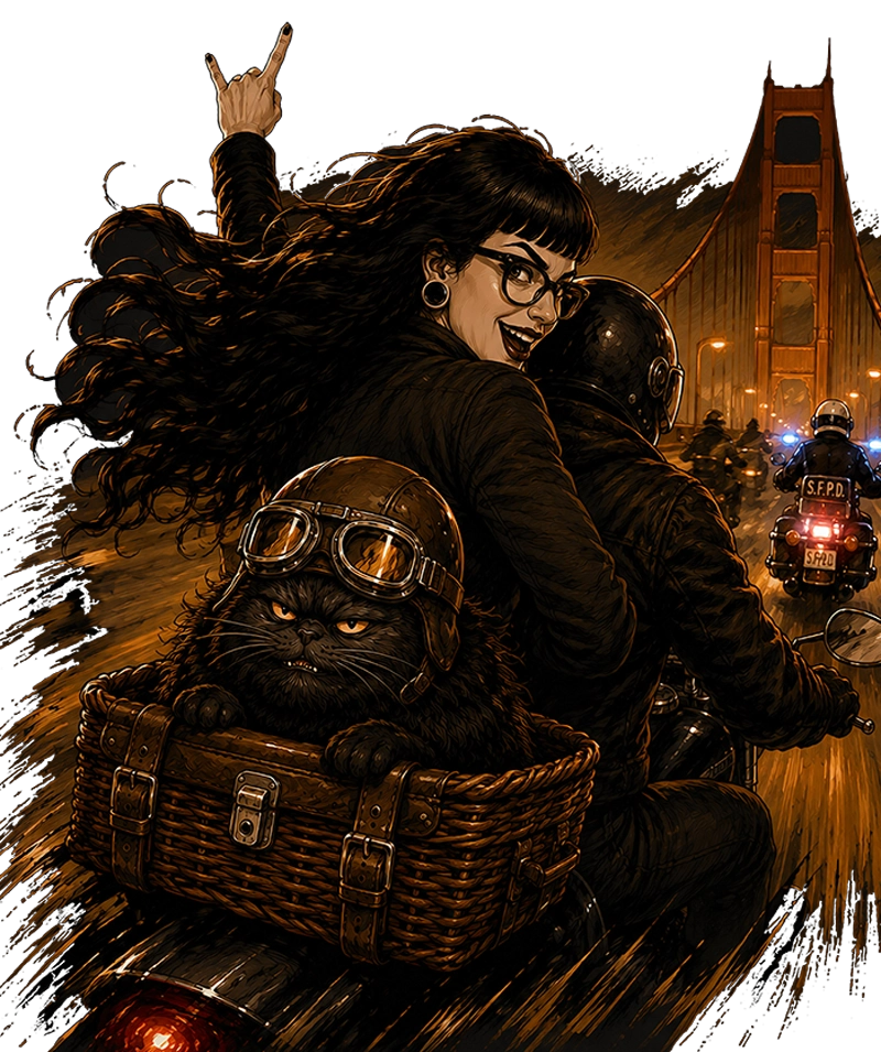 Studio Von Terrible web design case study artwork for the 100th Anniversary Harley-Davidson Homecoming Tour, featuring Alicia Von Terrible and black Persian cat Lucifer riding with motorcycles across San Francisco’s Golden Gate Bridge, representing international creative direction, website design and digital marketing by Studio Von Terrible, Mornington Peninsula, Victoria, Australia.