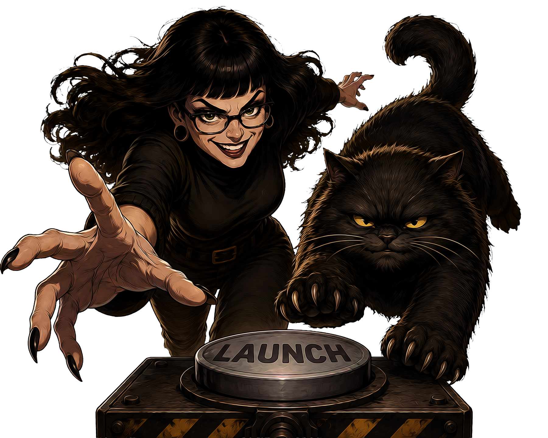 Alicia Von Terrible and Lucifer preparing to press a launch button