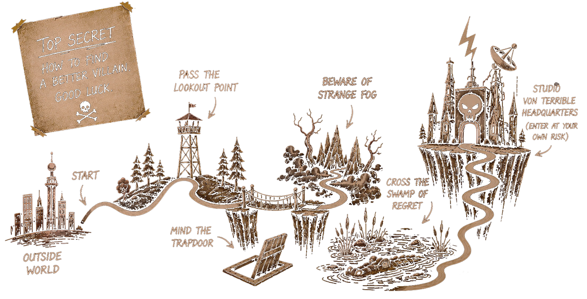 Illustrated map showing how to find Studio Von Terrible, a Digital Villain for small business websites, SEO and digital services